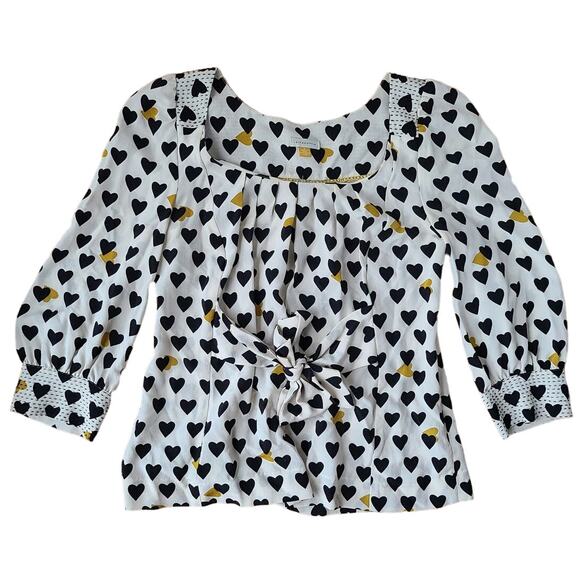 Leifsdottir Anthropologie Hearts Pattern 100% Silk Belted Blouse Womens Size 2 - Picture 1 of 9